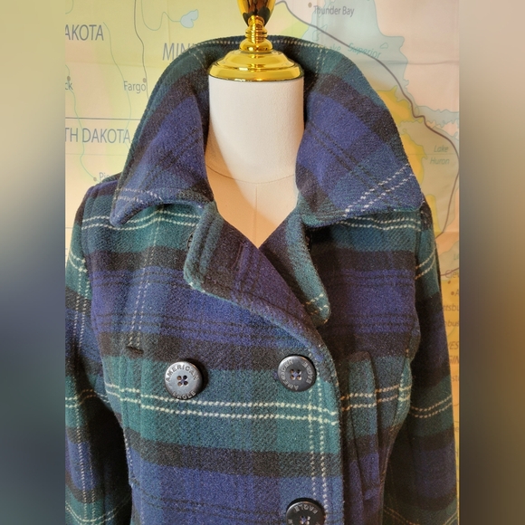 American Eagle Plaid Double-Breasted Women's Wool Coat Size M Blue & Green - Picture 2 of 16